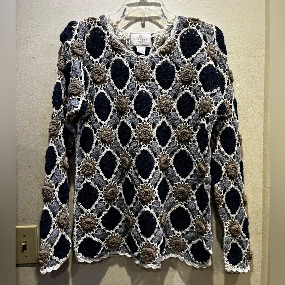 Express Blue  and White Cropped Embellished Blouse